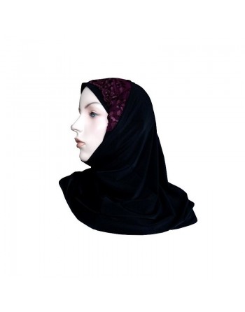 Hijab 2 pièces avec dentelle et motifs en fleur (Noir et grenat) 
