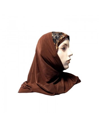 Hijab 2 pièces avec dentelle et motifs fleuris (Marron chocolat) 