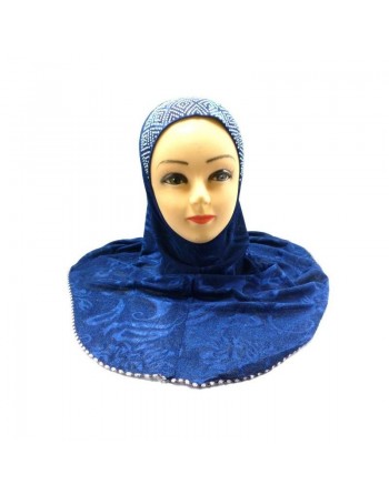 Hijab une pièce de couleur bleue marine orné de perles en forme de losange avec tissu portant des motifs cousus 