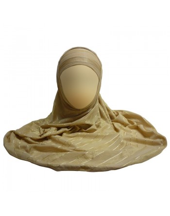 Hidjab beige avec motifs bandes dorés - 2 pièces 