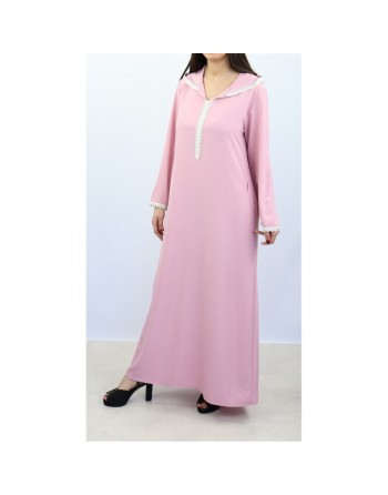 Djellaba marocaine pour femme avec dentelle et capuche - Couleur rose claire 