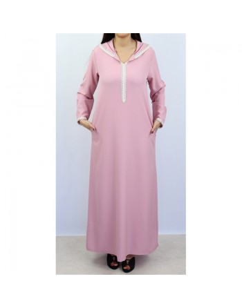 Djellaba marocaine pour femme avec dentelle et capuche - Couleur rose claire 