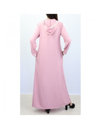 Djellaba marocaine pour femme avec dentelle et capuche - Couleur rose claire 