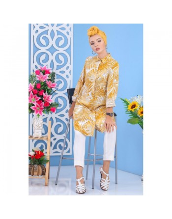 Chemise longue 100% coton à motifs "tropical" de couleur jaune moutarde 