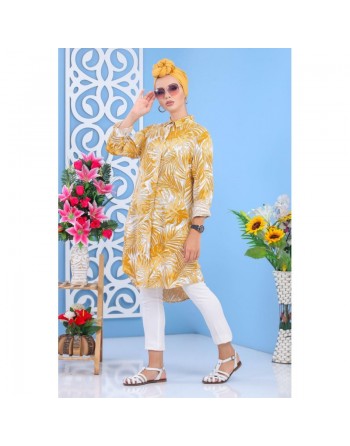 Chemise longue 100% coton à motifs "tropical" de couleur jaune moutarde 