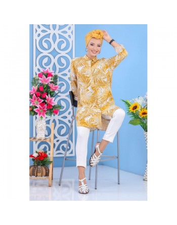 Chemise longue 100% coton à motifs "tropical" de couleur jaune moutarde 