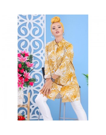 Chemise longue 100% coton à motifs "tropical" de couleur jaune moutarde 