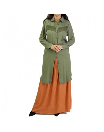 Chemise longue avec dentelles - Couleur Kaki foncé 
