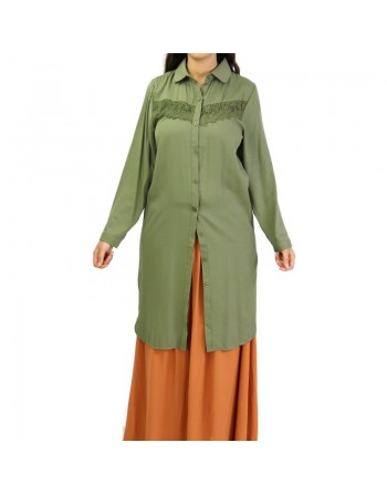 Chemise longue avec dentelles - Couleur Kaki foncé 