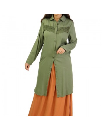 Chemise longue avec dentelles - Couleur Kaki foncé 