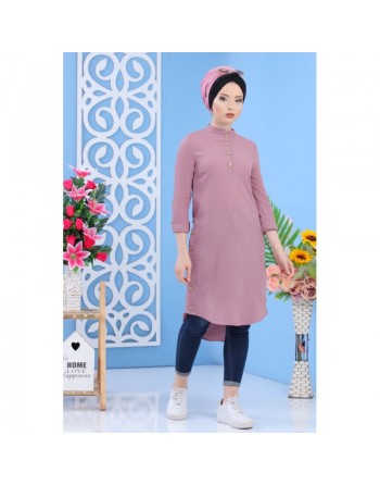 Tunique longue décoration boutons - Couleur vieux rose (Grande taille disponible pour femme) 