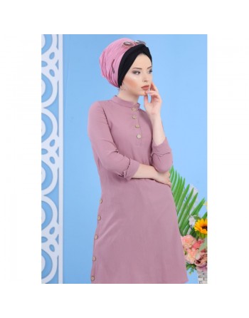 Tunique longue décoration boutons - Couleur vieux rose (Grande taille disponible pour femme) 
