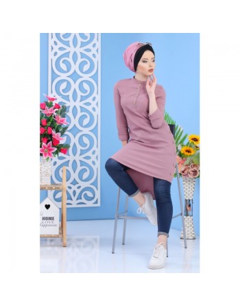 Tunique longue décoration boutons - Couleur vieux rose (Grande taille disponible pour femme) 