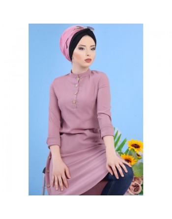 Tunique longue décoration boutons - Couleur vieux rose (Grande taille disponible pour femme) 