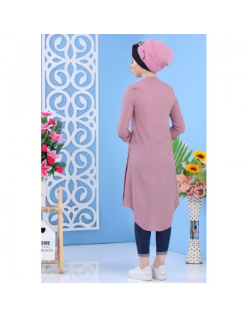 Tunique longue décoration boutons - Couleur vieux rose (Grande taille disponible pour femme) 