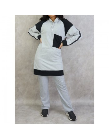 Survêtement femme 2 pièces avec capuche de couleur gris et anthracite - Grandes tailles disponibles 