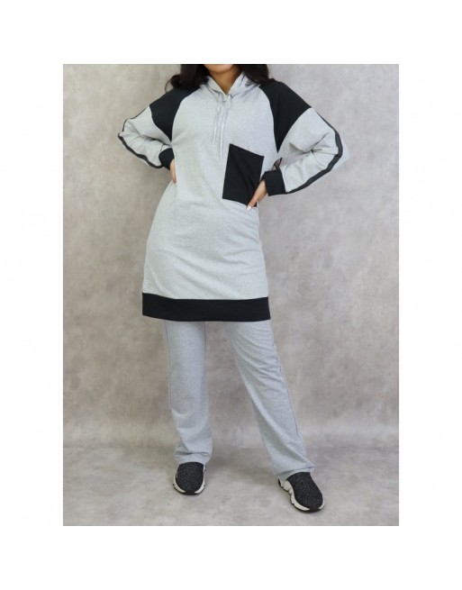 Survêtement femme 2 pièces avec capuche de couleur gris et anthracite - Grandes tailles disponibles Survêtement femme 2 pièces avec capuche de couleur gris et anthracite - Grandes tailles disponibles