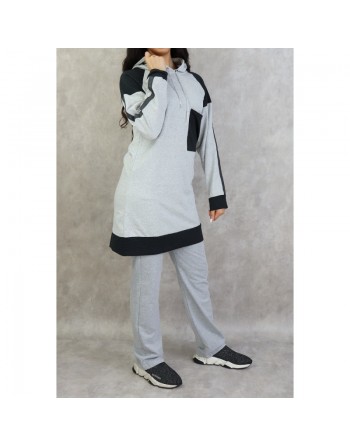 Survêtement femme 2 pièces avec capuche de couleur gris et anthracite - Grandes tailles disponibles 