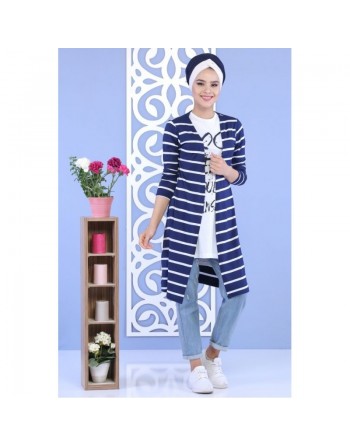 Ensemble femme 2 pièces Tee-Shirt + Gilet à rayures de couleur Blanche et Bleu marine 