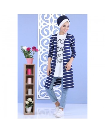 Ensemble femme 2 pièces Tee-Shirt + Gilet à rayures de couleur Blanche et Bleu marine 