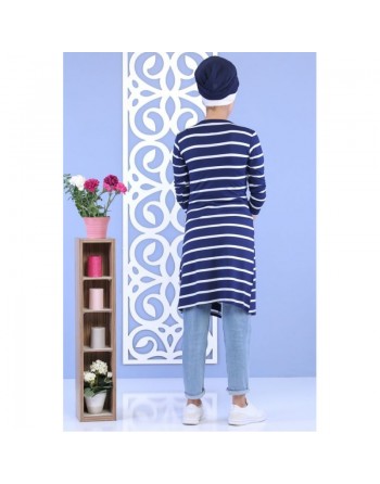 Ensemble femme 2 pièces Tee-Shirt + Gilet à rayures de couleur Blanche et Bleu marine 