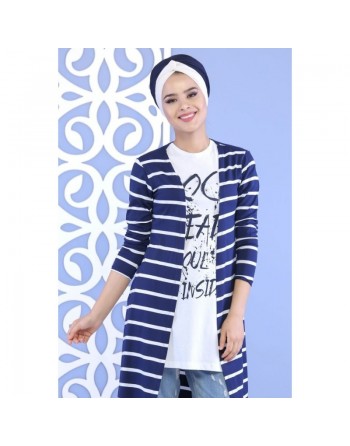 Ensemble femme 2 pièces Tee-Shirt + Gilet à rayures de couleur Blanche et Bleu marine 