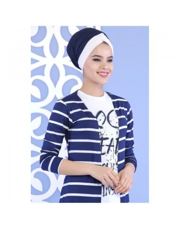 Ensemble femme 2 pièces Tee-Shirt + Gilet à rayures de couleur Blanche et Bleu marine 