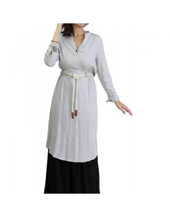 Tunique en lin avec ceinture - Couleur Gris clair 