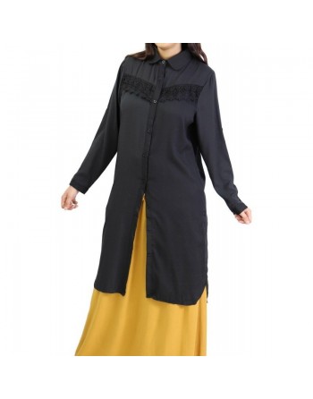 Chemise longue avec dentelle - Couleur noire 