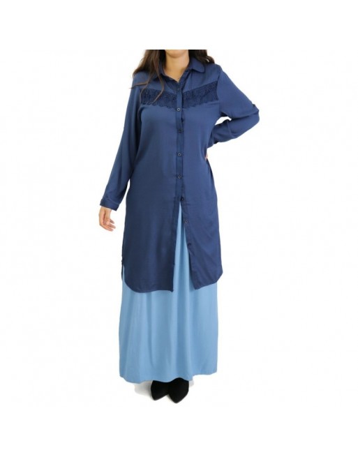 Chemise longue avec dentelles - Couleur Bleu Marine Chemise longue avec dentelles - Couleur Bleu Marine