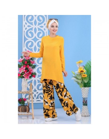 Ensemble femme 2 pièces tunique + pantalon à motifs - Couleur jaune moutarde 