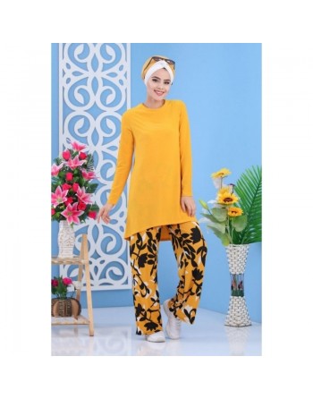 Ensemble femme 2 pièces tunique + pantalon à motifs - Couleur jaune moutarde 