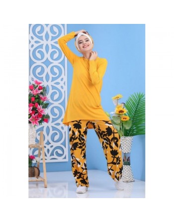 Ensemble femme 2 pièces tunique + pantalon à motifs - Couleur jaune moutarde 