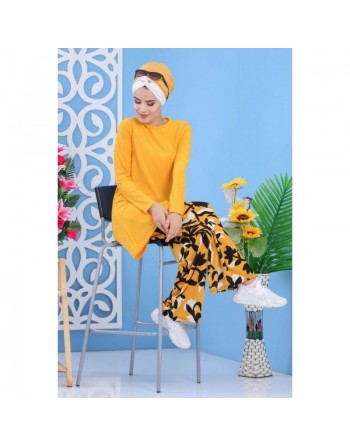 Ensemble femme 2 pièces tunique + pantalon à motifs - Couleur jaune moutarde 
