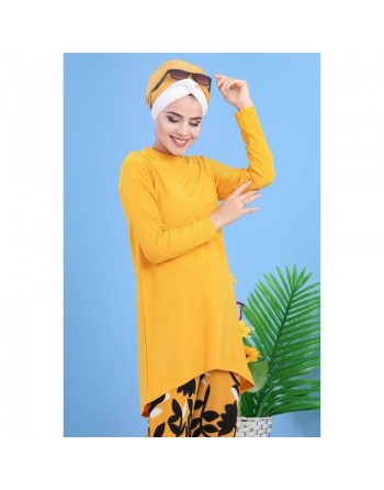 Ensemble femme 2 pièces tunique + pantalon à motifs - Couleur jaune moutarde 
