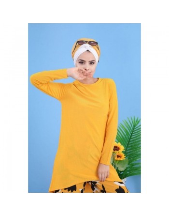 Ensemble femme 2 pièces tunique + pantalon à motifs - Couleur jaune moutarde 