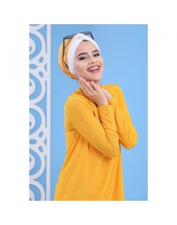 Ensemble femme 2 pièces tunique + pantalon à motifs - Couleur jaune moutarde 