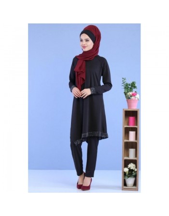 Ensemble Deux Pièces Tunique et Pantalon couleur Noir - Tenue de style élaguant pour femme voilée moderne 