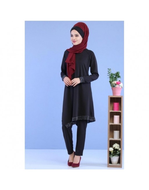 Ensemble Deux Pièces Tunique et Pantalon couleur Noir - Tenue de style élaguant pour femme voilée moderne 