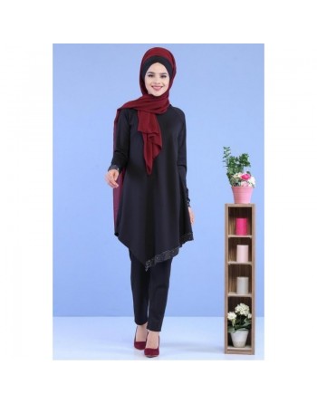Ensemble Deux Pièces Tunique et Pantalon couleur Noir - Tenue de style élaguant pour femme voilée moderne 