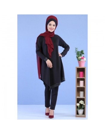 Ensemble Deux Pièces Tunique et Pantalon couleur Noir - Tenue de style élaguant pour femme voilée moderne 