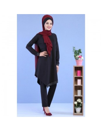 Ensemble Deux Pièces Tunique et Pantalon couleur Noir - Tenue de style élaguant pour femme voilée moderne 