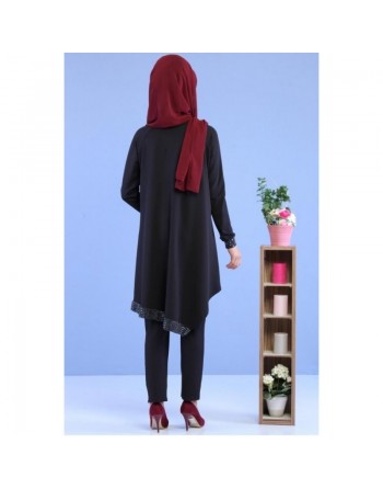 Ensemble Deux Pièces Tunique et Pantalon couleur Noir - Tenue de style élaguant pour femme voilée moderne 