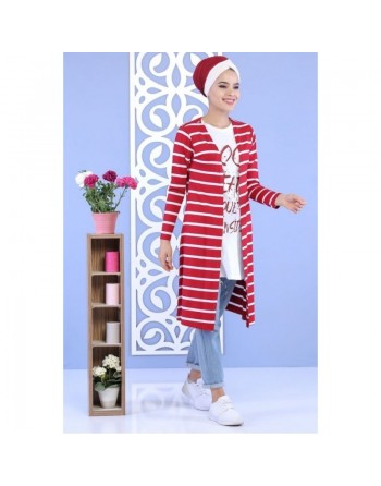Ensemble femme 2 pièces Tee-Shirt + Gilet à rayures de couleur Blanche et Bordeaux 