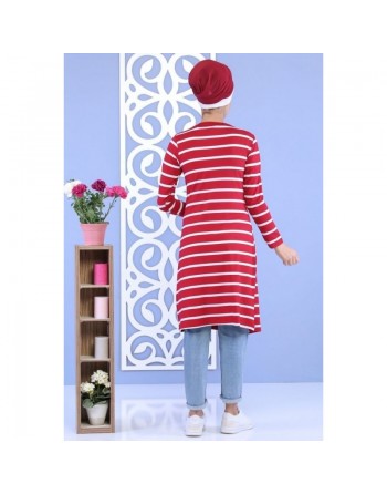Ensemble femme 2 pièces Tee-Shirt + Gilet à rayures de couleur Blanche et Bordeaux 