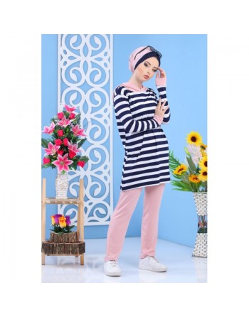 Ensemble décontracté pour femme : Pantalon Rose + Tunique de couleur blanche à rayures bleues marines (2 pièces) 