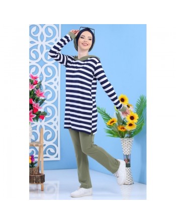Ensemble décontracté pour femme : Pantalon Kaki + Tunique de couleur blanche à rayures bleues marines (2 pièces) 