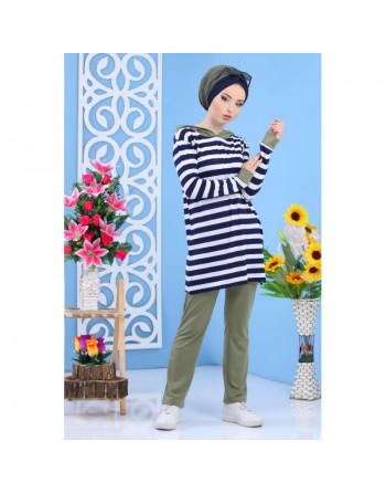 Ensemble décontracté pour femme : Pantalon Kaki + Tunique de couleur blanche à rayures bleues marines (2 pièces) 