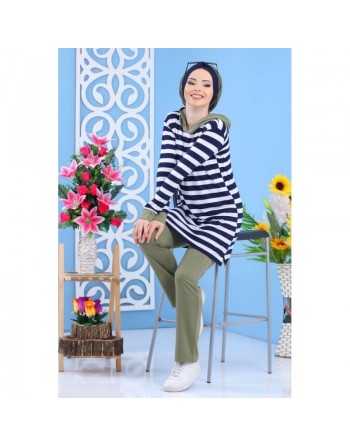 Ensemble décontracté pour femme : Pantalon Kaki + Tunique de couleur blanche à rayures bleues marines (2 pièces) 