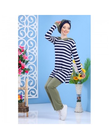 Ensemble décontracté pour femme : Pantalon Kaki + Tunique de couleur blanche à rayures bleues marines (2 pièces) 